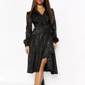 Satin Jacquard Wrap Midi Skater  Goth Black Dress